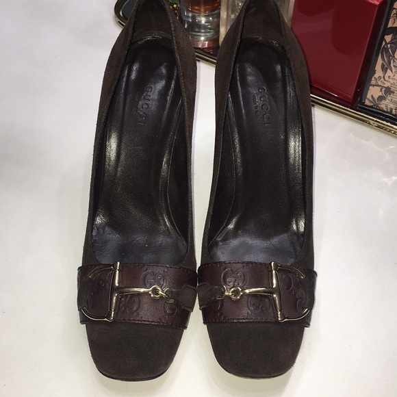 GUCCI BROWN REAL LEATHER SUEDED HORSEBIT DETAIL Women's Heels SIZE 8.5 - Picture 3 of 12